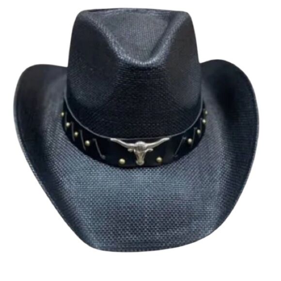 Simplicity Black Western Style Hat with Bullhead Accent - Picture 1 of 12
